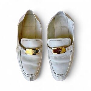 Salvatore Ferragamo White Leather Bit Loafers with Gold Hardware
